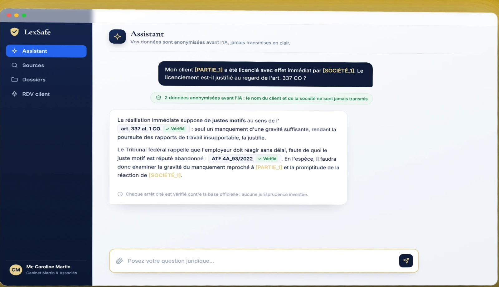Interface LexSafe, assistant juridique confidentiel